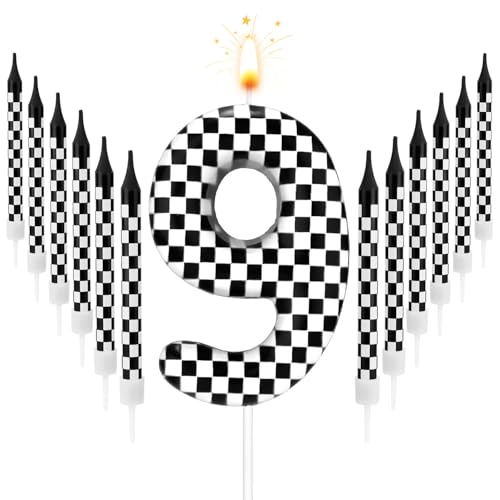 13 Stück Rennauto-Geburtstagskerzen, Schwarz-Weiß Karierte Kerzen Geburtstagszahlenkerze Kuchenaufsatz für Jungen Kinder Babyparty Rennauto-Thema Party Dekoration Zubehör (Zahl 9) von Gosknor
