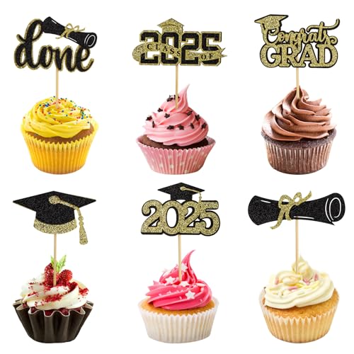 24 Stück Cupcake Topper zum Schulabschluss, 6 Stile Cupcake Topper mit Diplom 2025 Glitzernde Cupcake Topper mit Schulabschluss-Thema Zubehör für die Schulabschlussparty (Schwarz und Gold) von Gosknor