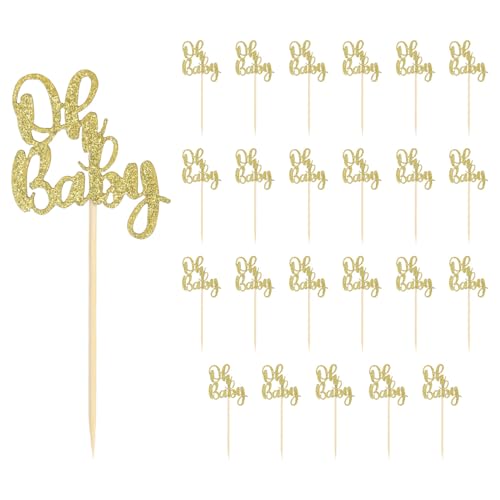 24 Stück Oh Baby Cupcake Topper, Glitzernde Kuchendekorationen Cupcake-Topper mit Jungen- oder Mädchenmotiv Cupcake-Dekorationen für Babypartys Zubehör für Kindergeburtstage (Gold) von Gosknor