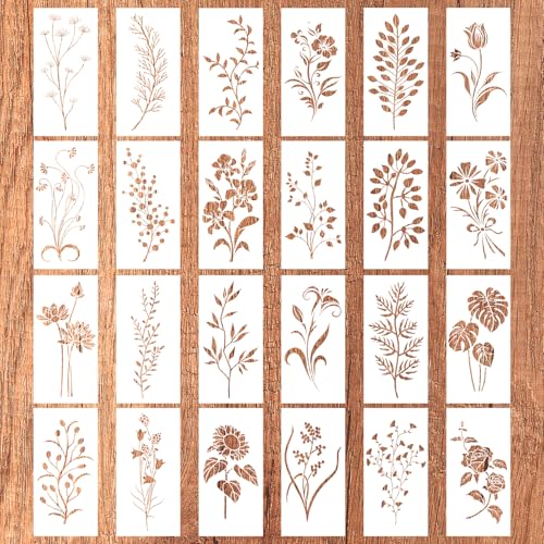 24-Teiliges Blumen Schablonen, Wiederverwendbare Blumenschablonen Blumen und Blätter-Bastelvorlagen Malschablonen Botanische Kunstschablonen Wildblumen-Schablonen zum Bemalen (Stil 1) von Gosknor