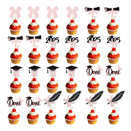 24stk Cupcake Topper zum Schulabschluss 2025, Glitzer-Cupcake-Spieße mit Abschlusskappe und Diplom 6 Stile Tortendekoration zum Schulabschluss Foto-Requisiten Partyzubehör (Bunt Pink/Schwarz) von Gosknor