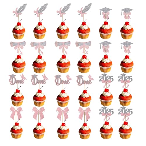24stk Cupcake Topper zum Schulabschluss 2025, Glitzer-Cupcake-Spieße mit Abschlusskappe und Diplom 6 Stile Tortendekoration zum Schulabschluss Foto-Requisiten Partyzubehör (Pink/Silber) von Gosknor