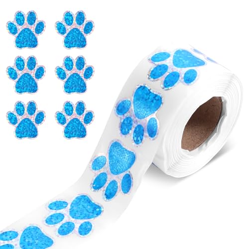 500stk Pfotenabdruck Aufkleber, 2,5 cm Glitzernde Hundepfotenabdruck Aufkleber Selbstklebende Süße Katzenpfotenabdruck Aufkleber für Umschlagsiegel Geschenkverpackung Bastelbedarf (Blauw) von Gosknor