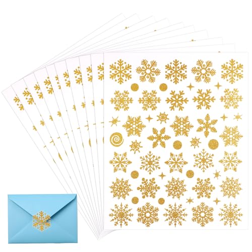 520st/10 Blatt Weihnachtsaufkleber, Winter Aufkleber Glitzernde Schneeflocken Aufkleber Selbstklebend Kleine Punkte Schneeflockenetiketten Dekorationen zum Basteln Festdekor (Gold) von Gosknor