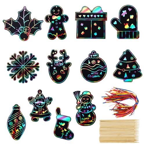 Gosknor 96 St Weihnachts-Kratzpapier, Weihnachts-Rubbelkarten mit Magischen Ornamenten Weihnachtsbaum-Schneemann-Kratzpapier Kreative DIY-Bastel- und Kunst-Sets zum Aufhängen fürs Baumdekor (Stil A) von Gosknor