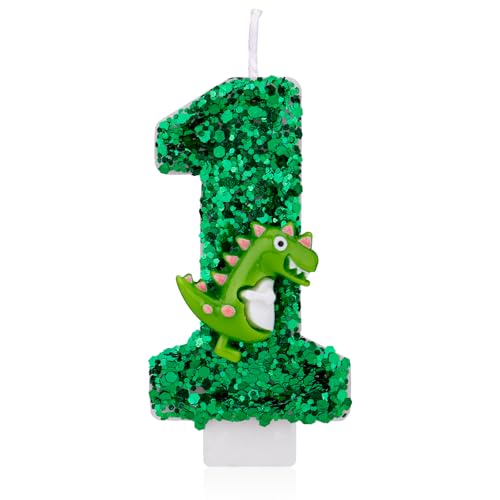 Dinosaurier-Geburtstagskerze, Grüne Pailletten Geburtstagskerze Zahlenkerze 3D-Dinosaurier Kuchenkerze für Geburtstagsparty Dinosaurier Mottoparty Dekorationen (1) von Gosknor
