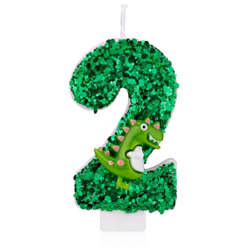 Dinosaurier-Geburtstagskerze, Grüne Pailletten Geburtstagskerze Zahlenkerze 3D-Dinosaurier Kuchenkerze für Geburtstagsparty Dinosaurier Mottoparty Dekorationen (2) von Gosknor