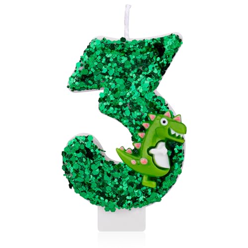 Dinosaurier-Geburtstagskerze, Grüne Pailletten Geburtstagskerze Zahlenkerze 3D-Dinosaurier Kuchenkerze für Geburtstagsparty Dinosaurier Mottoparty Dekorationen (3) von Gosknor