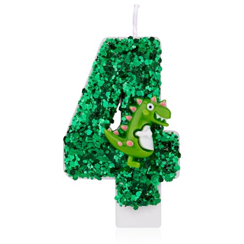 Dinosaurier-Geburtstagskerze, Grüne Pailletten Geburtstagskerze Zahlenkerze 3D-Dinosaurier Kuchenkerze für Geburtstagsparty Dinosaurier Mottoparty Dekorationen (4) von Gosknor