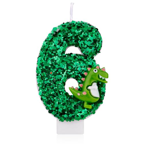 Dinosaurier-Geburtstagskerze, Grüne Pailletten Geburtstagskerze Zahlenkerze 3D-Dinosaurier Kuchenkerze für Geburtstagsparty Dinosaurier Mottoparty Dekorationen (6) von Gosknor