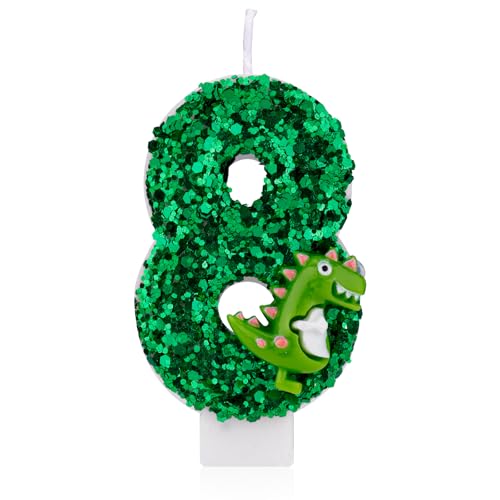 Dinosaurier-Geburtstagskerze, Grüne Pailletten Geburtstagskerze Zahlenkerze 3D-Dinosaurier Kuchenkerze für Geburtstagsparty Dinosaurier Mottoparty Dekorationen (8) von Gosknor
