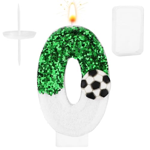 Fußballkerze, Weiß Grün Fußball Kuchenaufsatz Happy Birthday Zahlen-Kuchenkerze Glitzernde Pailletten Fußball Fußballthema Geburtstagsparty-Dekorationen Feiern Zubehör (Zahl 0) von Gosknor