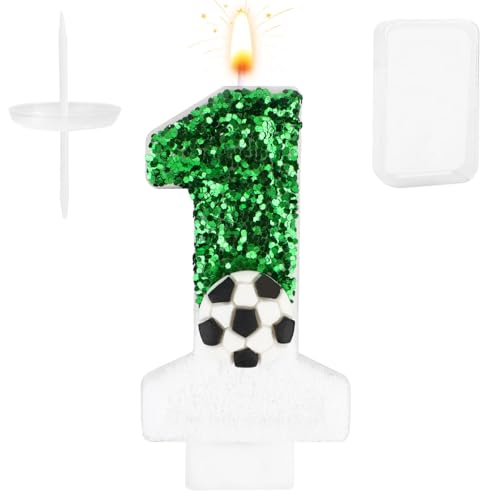 Fußballkerze, Weiß Grün Fußball Kuchenaufsatz Happy Birthday Zahlen-Kuchenkerze Glitzernde Pailletten Fußball Fußballthema Geburtstagsparty-Dekorationen Feiern Zubehör (Zahl 1) von Gosknor