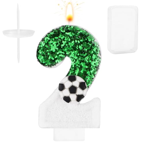 Fußballkerze, Weiß Grün Fußball Kuchenaufsatz Happy Birthday Zahlen-Kuchenkerze Glitzernde Pailletten Fußball Fußballthema Geburtstagsparty-Dekorationen Feiern Zubehör (Zahl 2) von Gosknor