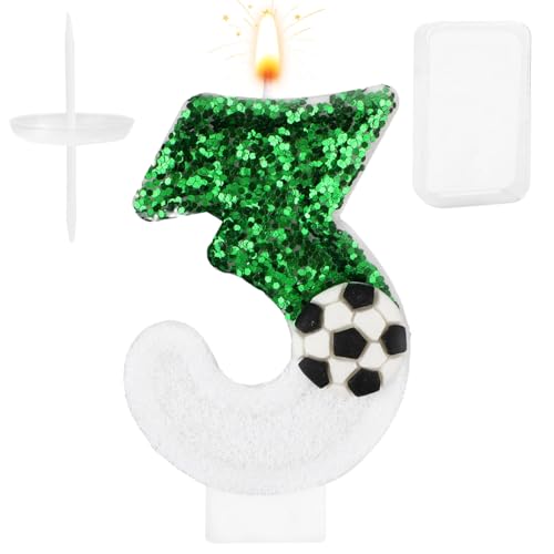 Fußballkerze, Weiß Grün Fußball Kuchenaufsatz Happy Birthday Zahlen-Kuchenkerze Glitzernde Pailletten Fußball Fußballthema Geburtstagsparty-Dekorationen Feiern Zubehör (Zahl 3) von Gosknor