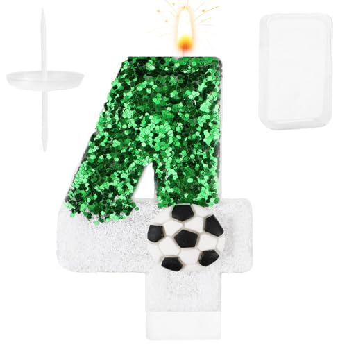 Fußballkerze, Weiß Grün Fußball Kuchenaufsatz Happy Birthday Zahlen-Kuchenkerze Glitzernde Pailletten Fußball Fußballthema Geburtstagsparty-Dekorationen Feiern Zubehör (Zahl 4) von Gosknor