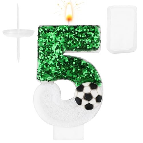 Fußballkerze, Weiß Grün Fußball Kuchenaufsatz Happy Birthday Zahlen-Kuchenkerze Glitzernde Pailletten Fußball Fußballthema Geburtstagsparty-Dekorationen Feiern Zubehör (Zahl 5) von Gosknor