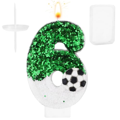 Fußballkerze, Weiß Grün Fußball Kuchenaufsatz Happy Birthday Zahlen-Kuchenkerze Glitzernde Pailletten Fußball Fußballthema Geburtstagsparty-Dekorationen Feiern Zubehör (Zahl 6) von Gosknor
