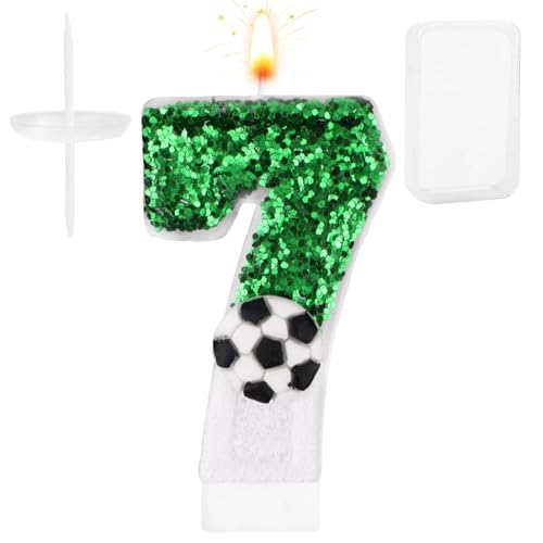 Fußballkerze, Weiß Grün Fußball Kuchenaufsatz Happy Birthday Zahlen-Kuchenkerze Glitzernde Pailletten Fußball Fußballthema Geburtstagsparty-Dekorationen Feiern Zubehör (Zahl 7) von Gosknor