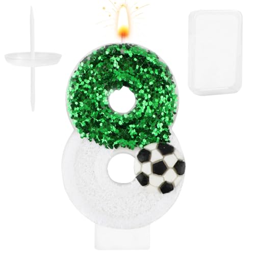 Fußballkerze, Weiß Grün Fußball Kuchenaufsatz Happy Birthday Zahlen-Kuchenkerze Glitzernde Pailletten Fußball Fußballthema Geburtstagsparty-Dekorationen Feiern Zubehör (Zahl 8) von Gosknor