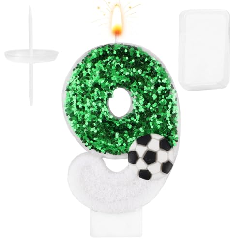 Fußballkerze, Weiß Grün Fußball Kuchenaufsatz Happy Birthday Zahlen-Kuchenkerze Glitzernde Pailletten Fußball Fußballthema Geburtstagsparty-Dekorationen Feiern Zubehör (Zahl 9) von Gosknor