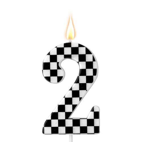 Geburtstagskerze mit Rennwagenmotiv, Geburtstagskerzen mit Karierten Zahlen Schwarze und Weiße Kerzen Happy Birthday-Kuchenaufsatz für Jungen Party mit Rennwagenmotiv Zubehör (Nummer 2) von Gosknor