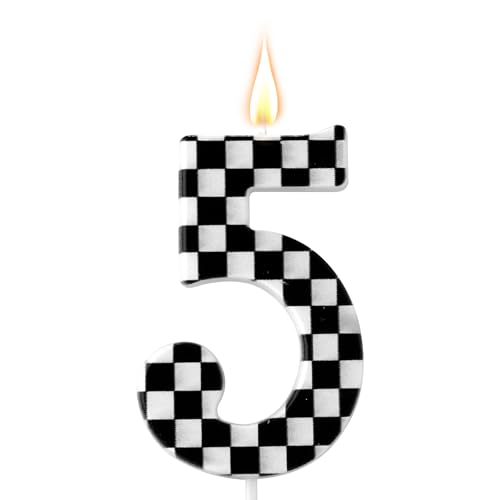 Geburtstagskerze mit Rennwagenmotiv, Geburtstagskerzen mit Karierten Zahlen Schwarze und Weiße Kerzen Happy Birthday-Kuchenaufsatz für Jungen Party mit Rennwagenmotiv Zubehör (Nummer 5) von Gosknor