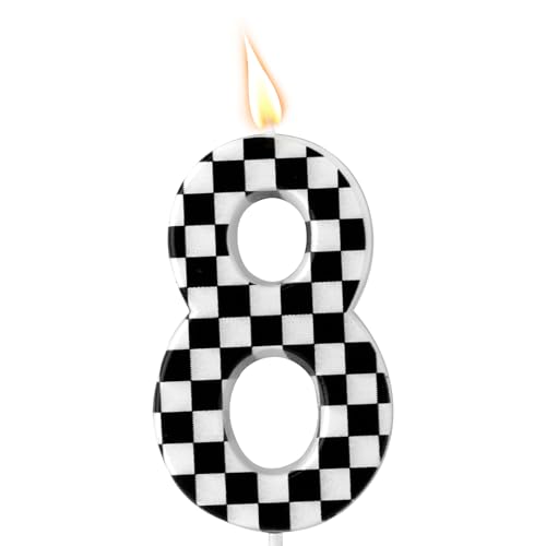 Geburtstagskerze mit Rennwagenmotiv, Geburtstagskerzen mit Karierten Zahlen Schwarze und Weiße Kerzen Happy Birthday-Kuchenaufsatz für Jungen Party mit Rennwagenmotiv Zubehör (Nummer 8) von Gosknor