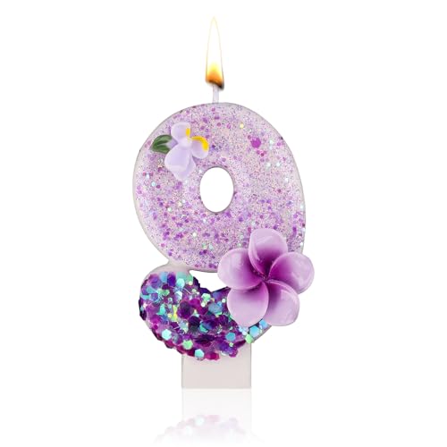 Geburtstagsnummerkerze, Lila Blumengeburtstagsnummerkerze Glitzernde Bezaubernde Nummernkerze Paraffinnummerkerze für Geburtstagsparty Jubiläum (Nummer 9) von Gosknor
