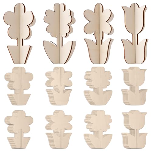 Gosknor 24 Stück DIY 3D Holzblumen zum Bemalen, Unbehandelte Holzscheiben für Frühlingsbasteleien Bemalbare Blumenausschnitte für Kinder und Erwachsene Osterdekorationen Mütter von Gosknor