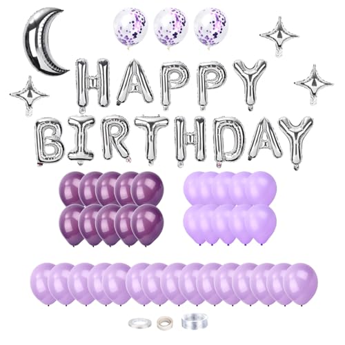 Gosknor Lila Birthday Party Dekorationen, Knallige Purple Deko mit Happy Birthday Silberballons Geschenkband Durchsichtigem Klebeband für Mädchen & Frauen von Gosknor