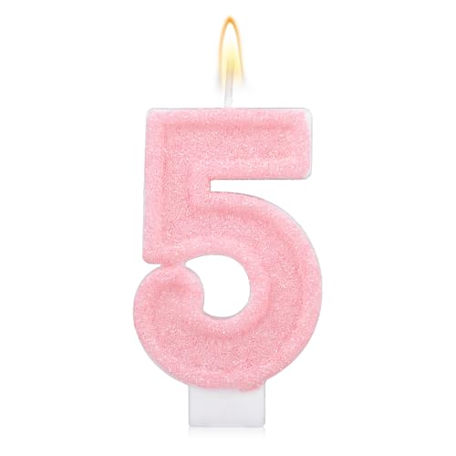 Rosa Geburtstagskerzen mit Zahlen, Romantischer Kuchen Rosa Zahlenkerzen Jubiläums-Kuchenaufsatz Dekoration Süßes Geburtstagsparty-Zubehör für Hochzeitstagsfeiern (5) von Gosknor