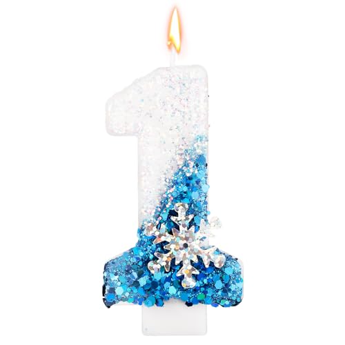 Schneeflocken-Pailletten Geburtstagszahlenkerzen, Glitzer Blau-Weiß Geburtstagszahlenkerze Schneekuchenaufsatz Wintergeburtstagsparty-Dekoration Zubehör (Nummer 1) von Gosknor