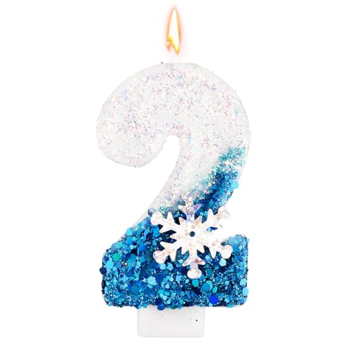 Schneeflocken-Pailletten Geburtstagszahlenkerzen, Glitzer Blau-Weiß Geburtstagszahlenkerze Schneekuchenaufsatz Wintergeburtstagsparty-Dekoration Zubehör (Nummer 2) von Gosknor