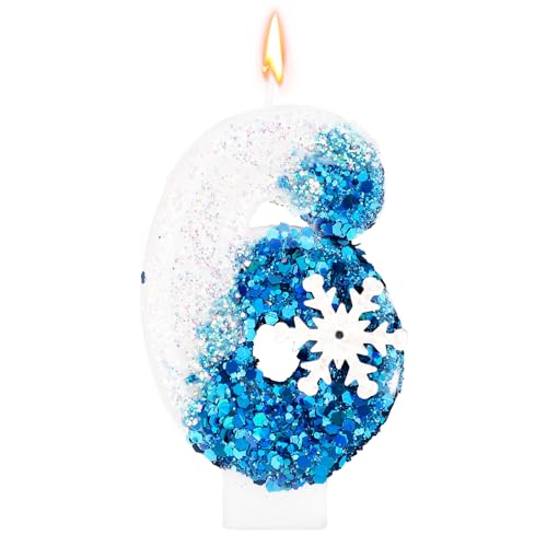 Schneeflocken-Pailletten Geburtstagszahlenkerzen, Glitzer Blau-Weiß Geburtstagszahlenkerze Schneekuchenaufsatz Wintergeburtstagsparty-Dekoration Zubehör (Nummer 6) von Gosknor