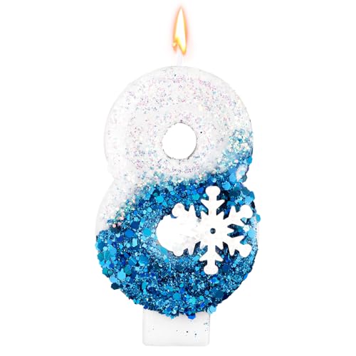 Schneeflocken-Pailletten Geburtstagszahlenkerzen, Glitzer Blau-Weiß Geburtstagszahlenkerze Schneekuchenaufsatz Wintergeburtstagsparty-Dekoration Zubehör (Nummer 8) von Gosknor