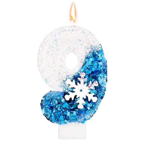 Schneeflocken-Pailletten Geburtstagszahlenkerzen, Glitzer Blau-Weiß Geburtstagszahlenkerze Schneekuchenaufsatz Wintergeburtstagsparty-Dekoration Zubehör (Nummer 9) von Gosknor