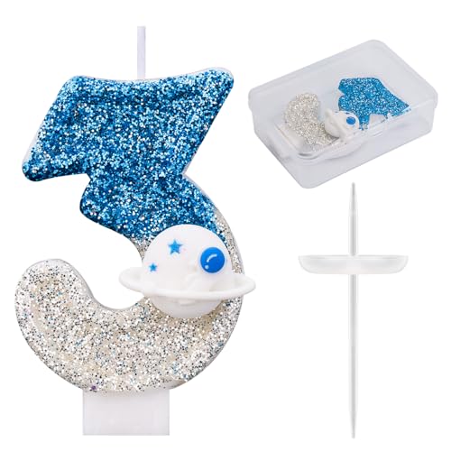 Weltraum-Geburtstagskerze, Glänzende Astronauten-Zahlenkerze Raumschiff Weltraum-Kuchenaufsatz Perfekte Universum-Rakete Raumschiff Kuchendekorationen und Partygeschenke(Nummer 3) von Gosknor