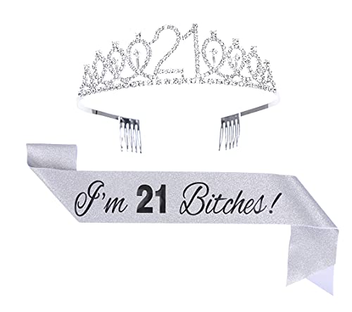 21. Geburtstag Tiara und Sash -Set - 'I'm 21' Silver Schash Crystal Crown Geburtstag Geschenk für Mädchen 21. Geburtstagsfeier Vorräte… von GotGala