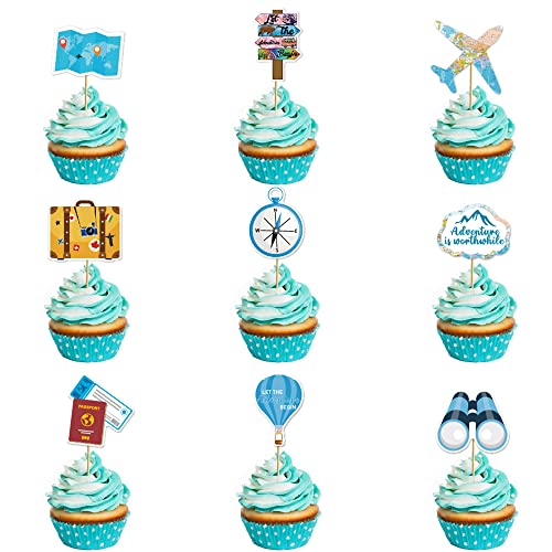 27 PCs Reisen thematische Cupcake Toppers Flugzeugkarte lassen Sie die Abenteuer beginnen Kuchen Topper für Reisen zum Geburtstag Rentenabschluss Karriere Karriere Änderung der Babyparty Partyzubehör von GotGala