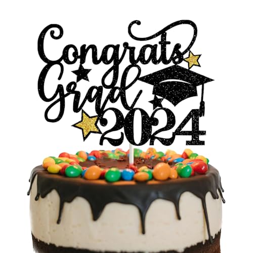 Congrats Grad 2024 Cake Topper Schwarz und Gold Glitter Graduierung Kuchen -Topper -Abschluss -Cap Star Cake Picks für 2024 Abschlussfeierdekorationen von GotGala