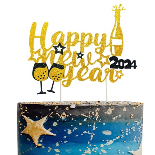 GotGala Frohes Neues Jahr 2024 Kuchen -Top, Gold Glitter Jubel zu 2024 Kuchen -Picks für 2024 Silvester Holiday Party Dekorationen von GotGala