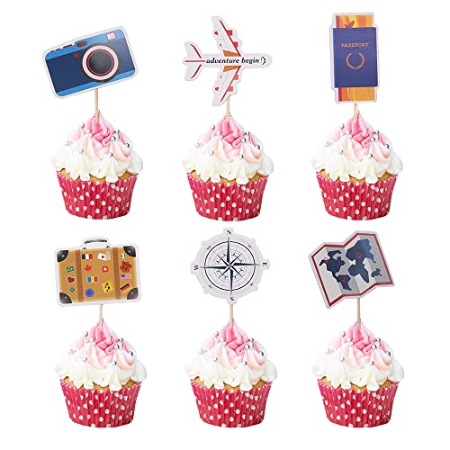 GotGala 24 Stück Cupcake-Topper mit Reisemotiv Flugzeugkarte Kamera Kuchen Topper Picks für Welterwartungen auf Reisen Motto Babyparty Ruhestand Party Lieferanten von GotGala