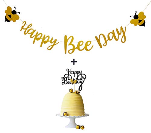 Happy Bee Day Banner und goldener Glitzer Happy Bee Day Cake Topper für Bumble Bee Themed Birthday Party Supplies von GotGala