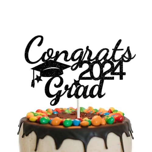 Herzlichen Glückwunsch Grad 2024 Kuchen -Topper Schwarz und Gold Glitter Graduierung Kuchen -Toper -Abschlusskappe Kuchen -Picks für 2024 Abschlussfeierdekorationen von GotGala