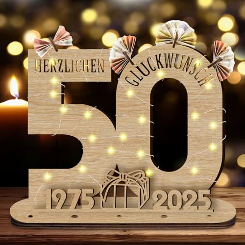 GothicBride 2025 50 Geburtstag Geschenk Geldgeschenke Geburtstag, 50 Geburtstag Mann Deko Holz-Schild Gästebuch mit LED Lichterkette, 50 Geburtstag Deko Personalisierbares Geschenk von GothicBride