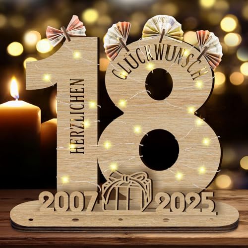GothicBride 2025 Geburtstag Geschenk 18 Geldgeschenke Geburtstag, 18 Geburtstag Deko Holz-Schild Gästebuch mit LED Lichterkette, 18 Geburtstag Geschenk, Personalisierbares Geschenk von GothicBride