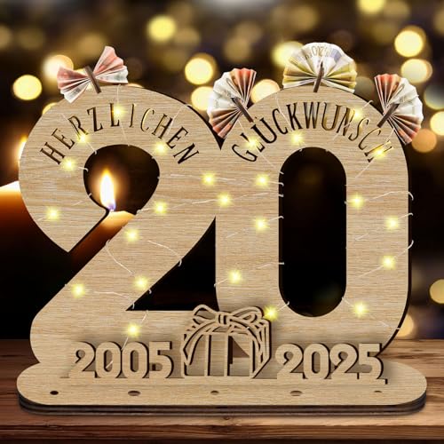 GothicBride 2025 Geburtstag Geschenk 20 Geldgeschenke Geburtstag, 20 Geburtstag Deko Holz-Schild Gästebuch mit LED Lichterkette, 20 Geburtstag Geschenk, Personalisierbares Geschenk von GothicBride