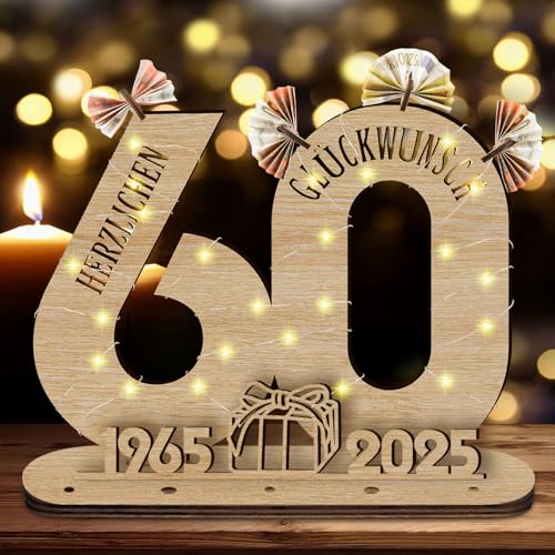 GothicBride 60 Geburtstag Geschenk Geldgeschenke Geburtstag 2025, 60 Geburtstag Deko Geschenke Holz-Schild Gästebuch mit LED Lichterkette, 60 Geburtstag Frau Personalisierbares Geschenk von GothicBride