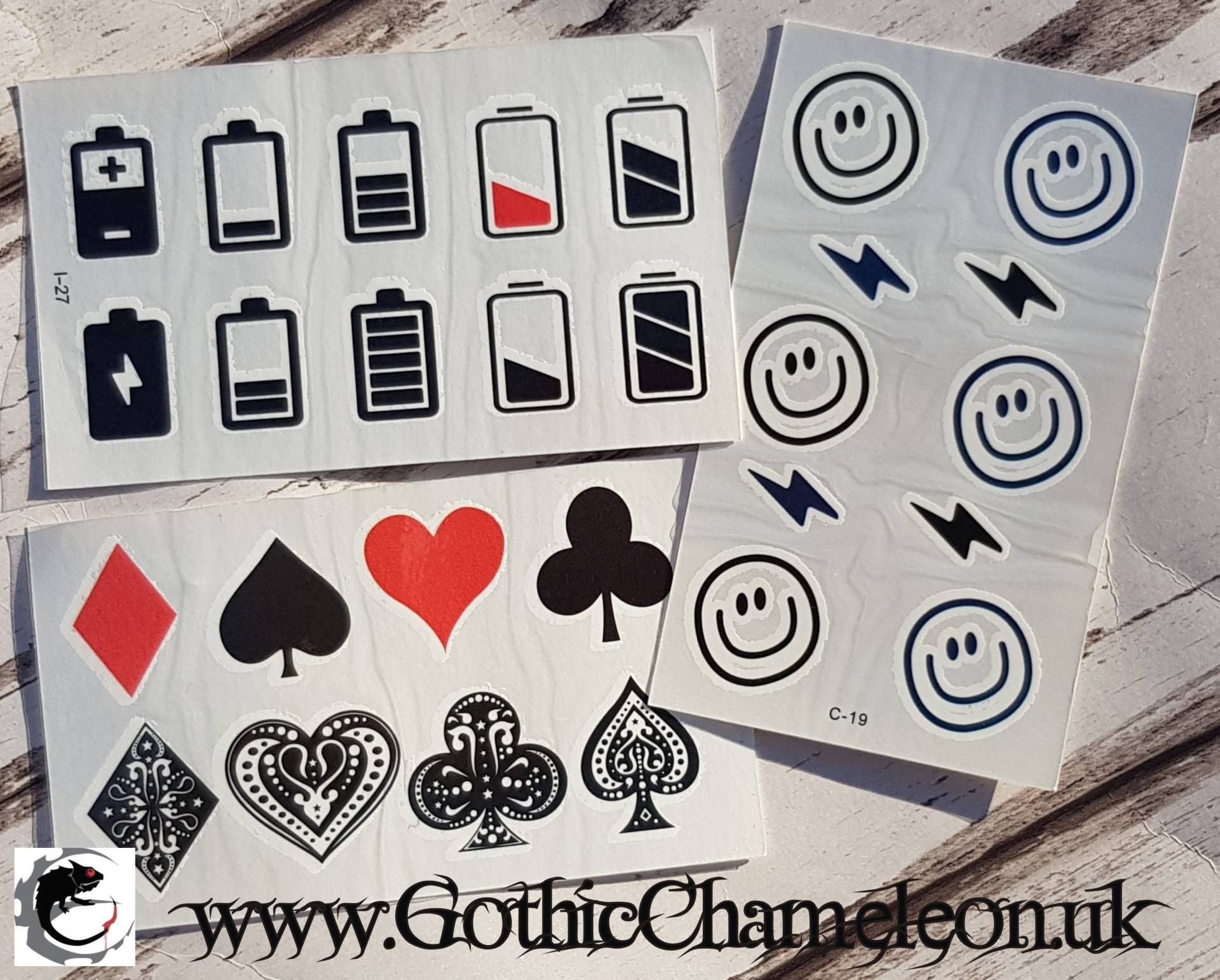 Temporäre Tattoo Blätter Batterien Symbol Spielkarte Anzüge Smiley Blitz Temporäre Tattoo Blätter Batterien Symbol Spielkarte Anzüge Smiley Blitz von GothicChameleon